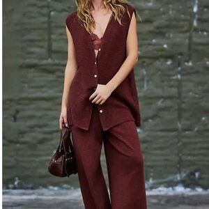NWT Free People Brown Maroon Wide Leg Vest and Pants 2 Piece Set Small
